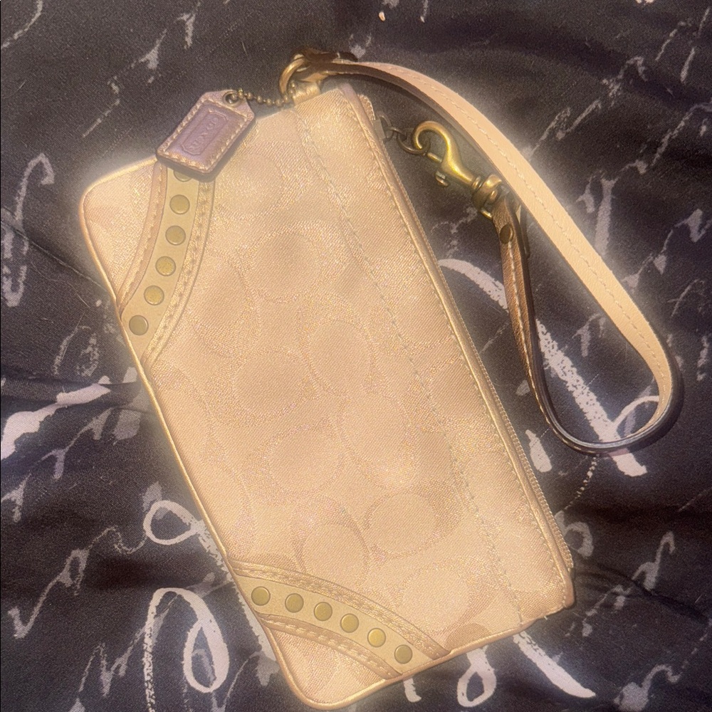 Coach Beige Wristlet with Gold Accents